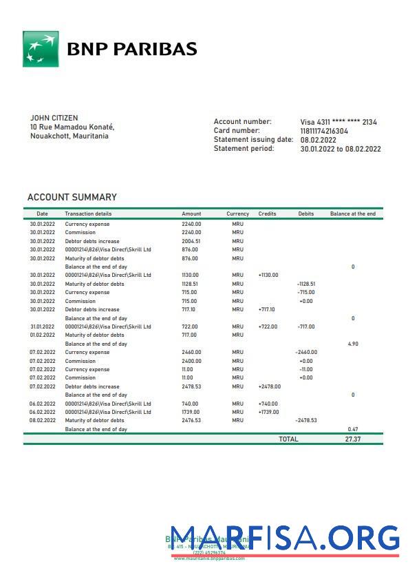 Realistic Mauritania BNP Paribas bank statement word example